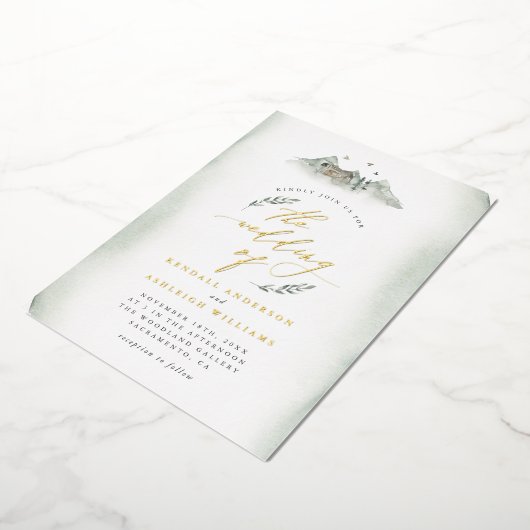 Landengroene Waterverf Leidingen en Bergbruiloft Folie Uitnodiging (Gedraaid)