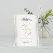 Landengroene Waterverf Leidingen en Bergbruiloft Folie Uitnodiging Briefkaart (Staand Voorkant)