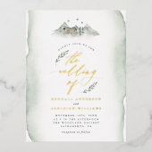 Landengroene Waterverf Leidingen en Bergbruiloft Folie Uitnodiging Briefkaart (Voorkant)