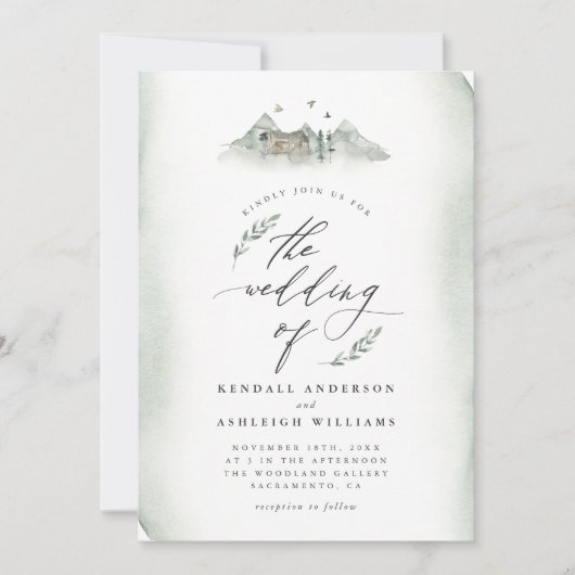 Landengroene Waterverf Leidingen en Bergbruiloft Kaart (Voorkant)