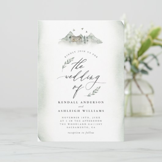 Landengroene Waterverf Leidingen en Bergbruiloft Kaart (Staand voorkant)