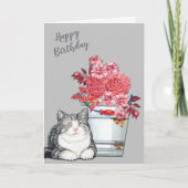 Landenkat en Roze Bouquet Birthday Feestdagen Kaart (Voorkant)