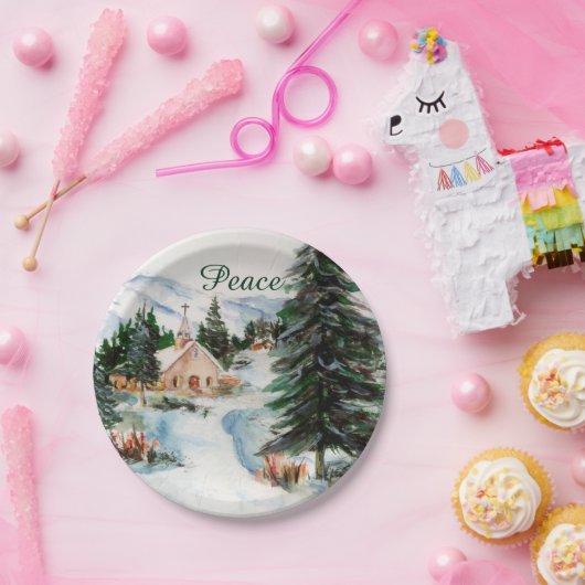 Landenkerk in de Wintergebergte in de Waterverf Papieren Bordje (Feest)