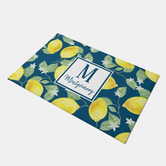 Landenlogo Waterverf Lemons & Blauwe Familienaam Deurmat (Schuin)