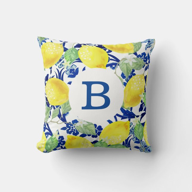 Landenlogo's en Blauwe Floral | Monogram Kussen (Voorkant)