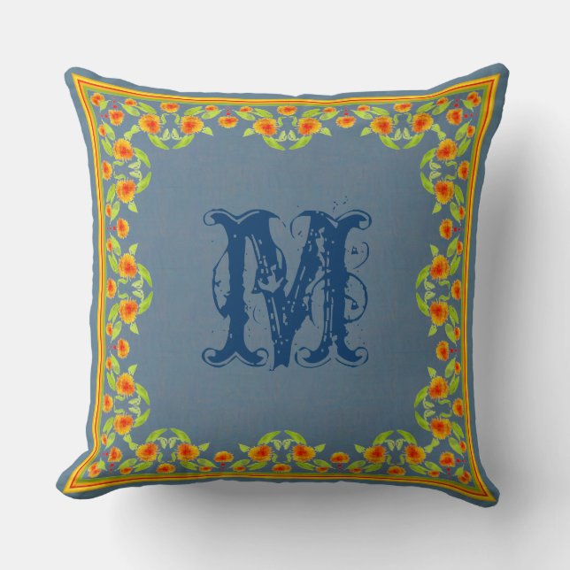 Landenmarigolds Border Monogram Pillow, Cushion Kussen (Voorkant)