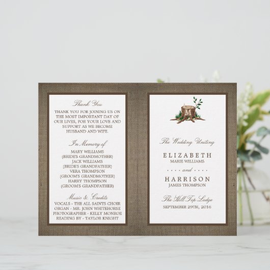 Landenmonogram en Burlap Weddenschap Programma (Staand voorkant)