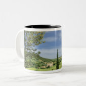 Landenstreep tussen cyperbomen in tweekleurige koffiemok (Voorkant links)