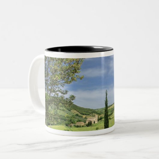 Landenstreep tussen cyperbomen in tweekleurige koffiemok (Voorkant links)