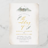 Landentan Waterverf Leaves & Mountain Wedding Folie Uitnodiging (Voorkant)