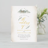 Landentan Waterverf Leaves & Mountain Wedding Folie Uitnodiging (Staand Voorkant)