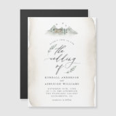 Landentan Waterverf Leaves & Mountain Wedding Magnetische Uitnodiging (Voorkant / Achterkant)