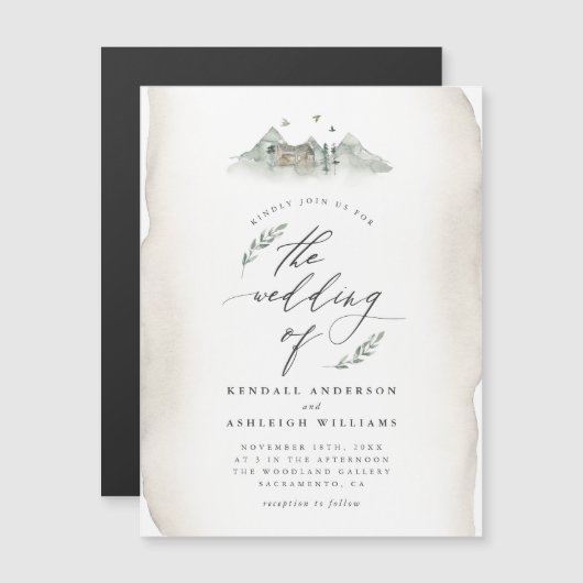 Landentan Waterverf Leaves & Mountain Wedding Magnetische Uitnodiging (Voorkant / Achterkant)