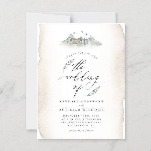 Landentan Waterverf Leaves & Mountain Wedding Magnetische Uitnodiging (Voorkant)