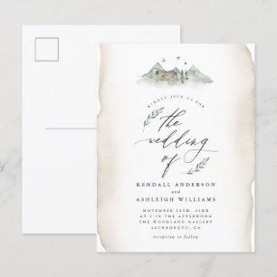 Landentan Waterverf Leaves & Mountain Wedding Uitnodiging Briefkaart