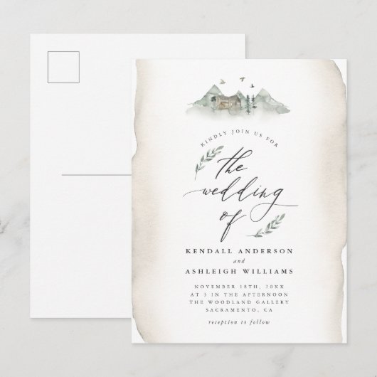 Landentan Waterverf Leaves & Mountain Wedding Uitnodiging Briefkaart (Voorkant / Achterkant)