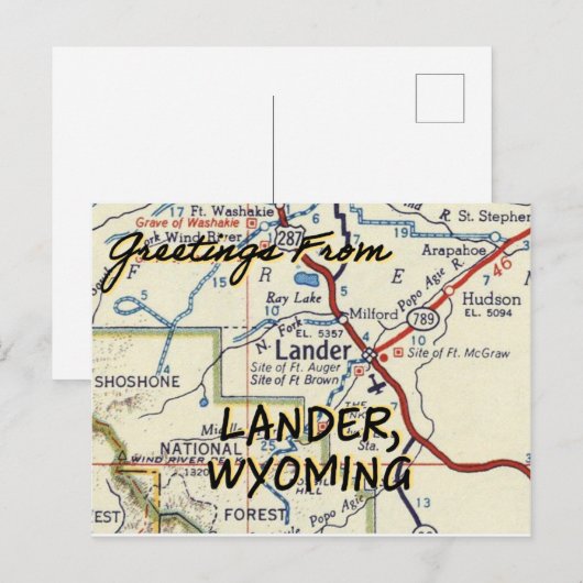 Lander Wyoming  Map Briefkaart (Voorkant / Achterkant)