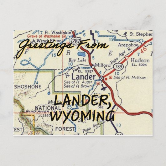 Lander Wyoming  Map Briefkaart (Voorkant)