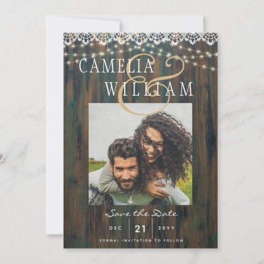 LANDERHOUTEN LICHTEN KANTEN FOTO Huwelijks Uitnodi Kaart (Voorkant)