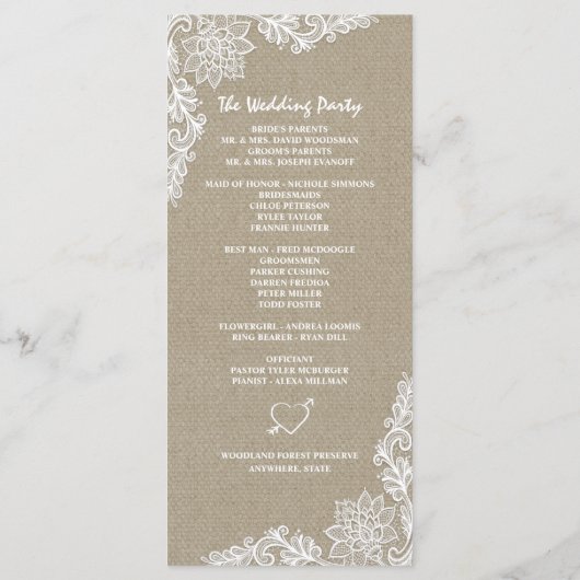 Landfoto Burlap en kant bruiloft programma's (Achterkant)