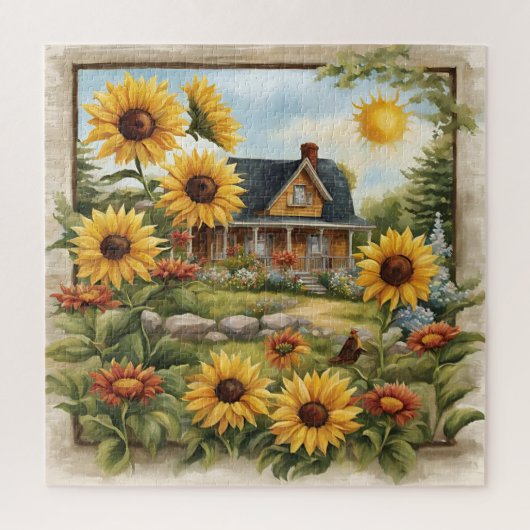 Landhuis Dromerige Gouden Zonnebloemen Legpuzzel (Verticaal)