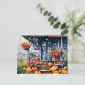 Landhuis met Pompoenen en Bloemen Halloween Feestdagenkaart (Staand voorkant)