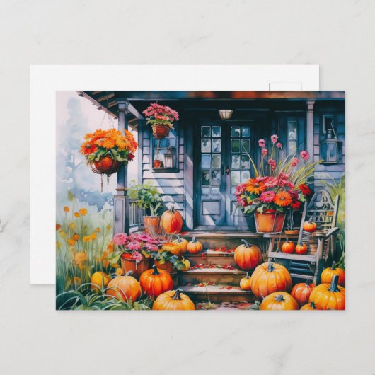 Landhuis met Pompoenen en Bloemen Halloween Feestdagenkaart (Voorkant / Achterkant)