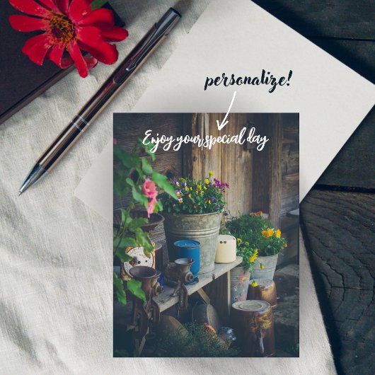 Landhuis veranda versierd met levendige pansies feestdagenkaart