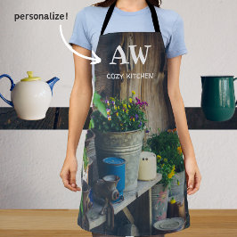 Landhuis veranda versierd met levendige pansies schort