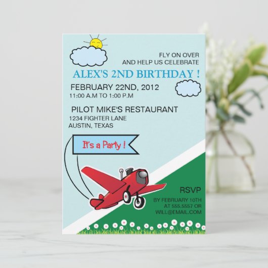 Landing van het vliegtuig - Kinderdaguitnodiging 5 Kaart (Staand voorkant)