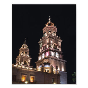 landmark Morelia kathedraal torens 's nachts Foto Afdruk