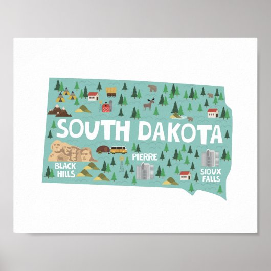 Landmarks Map South Dakota Poster (Voorkant)
