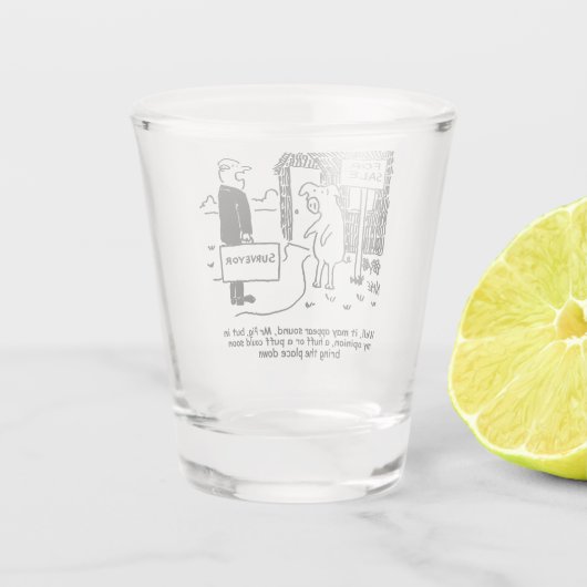Landmeter waarschuwt Mr. Pig voor zijn strohuis. Shot Glas (Achterkant)