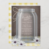 Landpartij Mason Jar Yellow Gingham Birthday Party Kaart (Voorkant / Achterkant)
