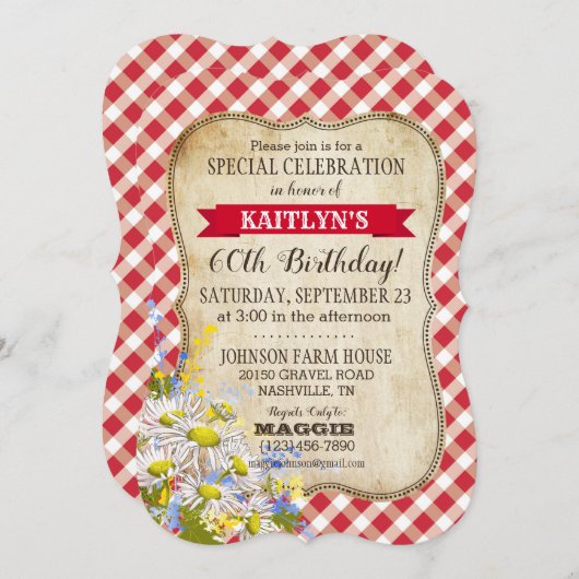 Landpicknick met Daisy Bouquet Birthday Invite Kaart (Voorkant / Achterkant)