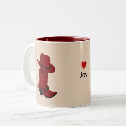 Landrode Pet en Boots op beige Tweekleurige Koffiemok (Voorkant links)