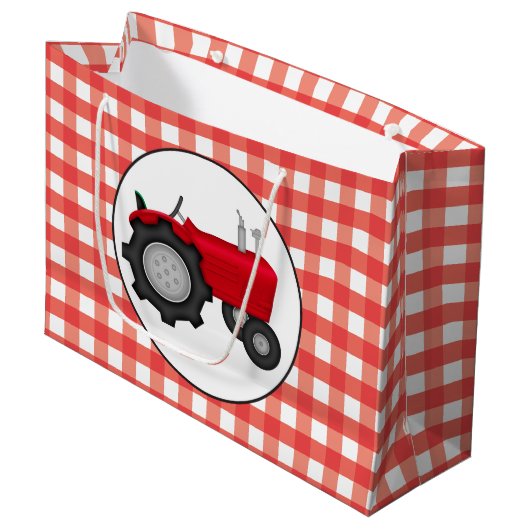 Landrode tractielant met gingham-stijl large cadeautasje (Voorkant Gekanteld)