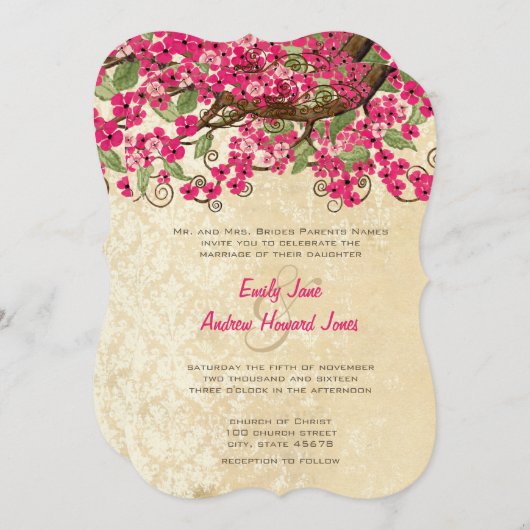 Landroze Cherry Blossom Wedding Invites Kaart (Voorkant / Achterkant)