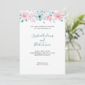  landroze en blauwe Floral White Wedding Kaart (Staand voorkant)