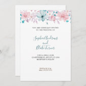  landroze en blauwe Floral White Wedding Kaart (Voorkant / Achterkant)