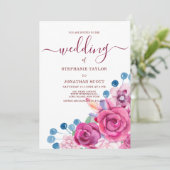 Landroze paars blauw bloemthema bruiloft kaart (Staand voorkant)