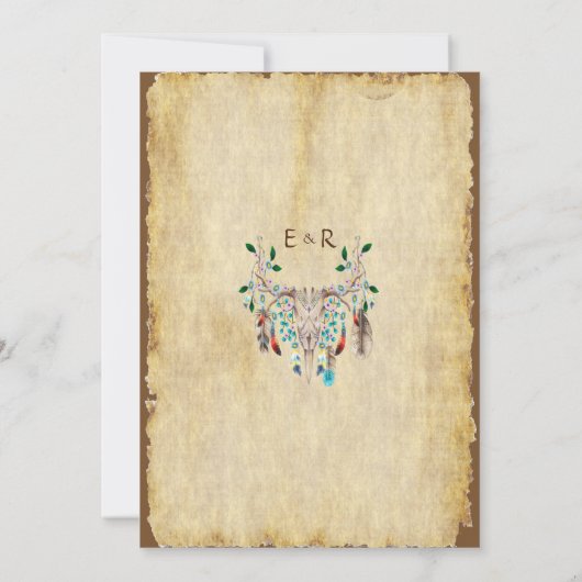 Landrustiek, Hertenschedel, Veren, Bruiloft Kaart (Achterkant)