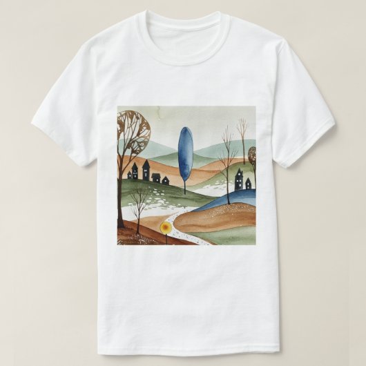 landscape of hills with small houses t-shirt (Design voorkant)