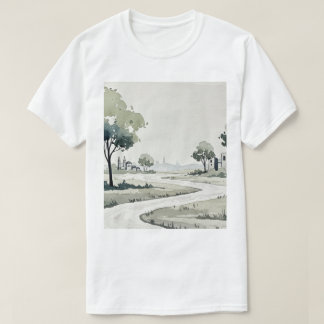 landscape of hills with small houses t-shirt