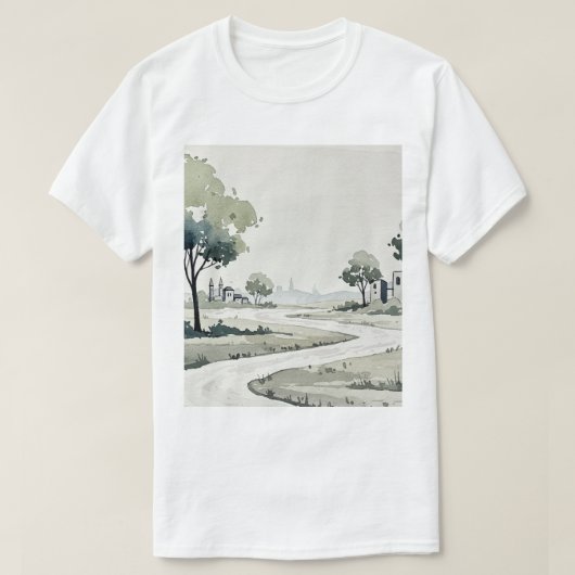 landscape of hills with small houses t-shirt (Design voorkant)