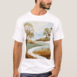 landscape of hills with small houses t-shirt