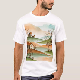 landscape of hills with small houses t-shirt