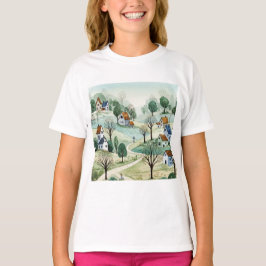 landscape of hills with small houses t-shirt