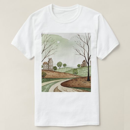 landscape of hills with small houses t-shirt (Design voorkant)