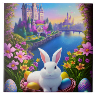 landscape with a rabbit and magical castles tegeltje